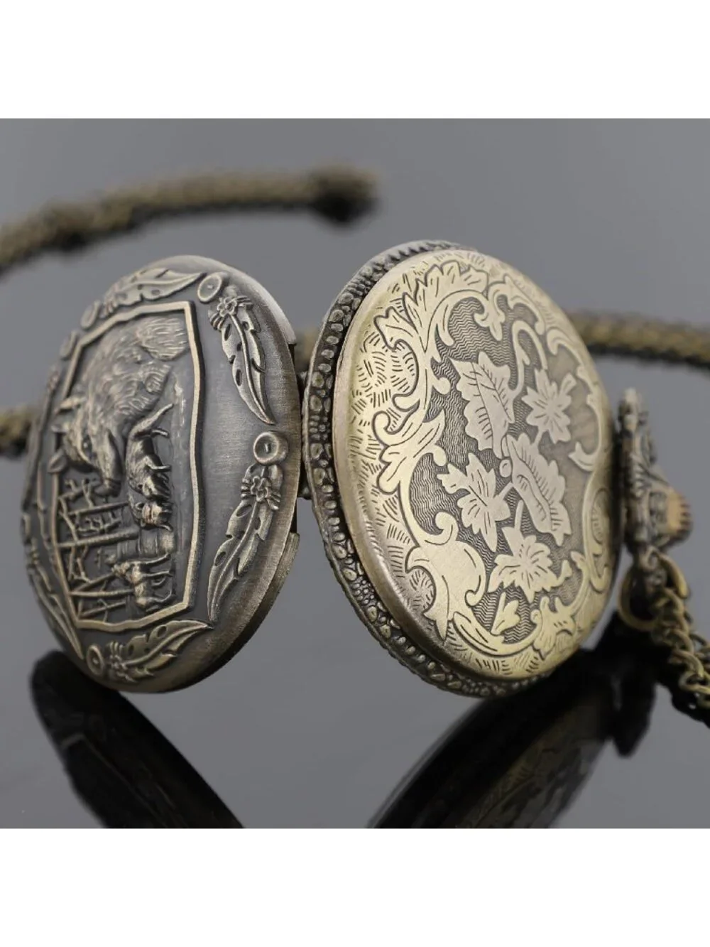 Men's Brown Analog Quartz Arabic Numerals Engraved Wolf Vintage Pocket Watch